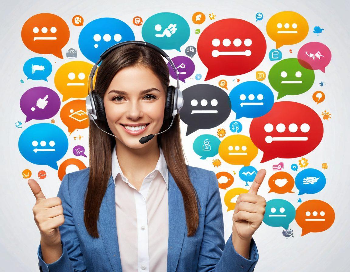 A smiling customer service representative wearing a headset, surrounded by vibrant icons representing various support solutions like chat bubbles, FAQs, and feedback forms. In the background, a satisfied customer giving a thumbs up, symbolizing happiness and satisfaction. The overall atmosphere is warm and inviting, conveying a sense of exceptional support and engagement. super-realistic. vibrant colors. white background.