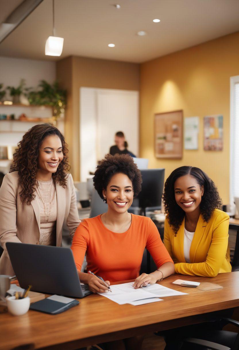 A warm, inviting scene featuring a diverse group of smiling clients engaging with attentive customer service representatives in a modern, cozy office setting. Incorporate visual elements like thank-you notes, loyalty cards, and happy faces reflecting satisfaction and connection. Include vibrant colors and soft lighting to evoke a sense of warmth and trust. super-realistic. vibrant colors.