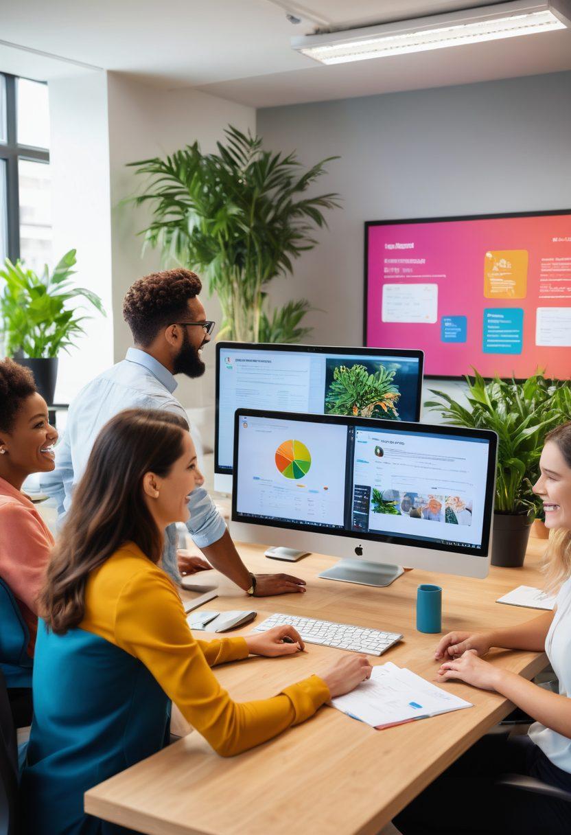 A lively and modern office environment filled with diverse people happily collaborating over laptops, showcasing a colorful client management platform interface on their screens. In the background, a large digital board displays positive customer feedback and satisfaction metrics. Bright plants and motivational posters add to the atmosphere of joy and productivity. The scene is infused with vibrant colors and a sense of motion, capturing the essence of elevated customer happiness. super-realistic. vibrant colors.
